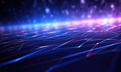 abstract technology background with blue and purple glowing lines.