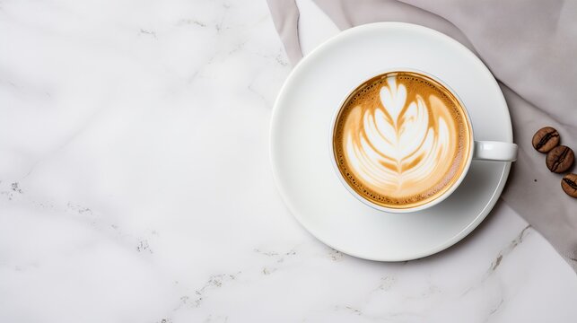 A minimalist flat lay coffee cup and notebook on a marble background  AI generated
