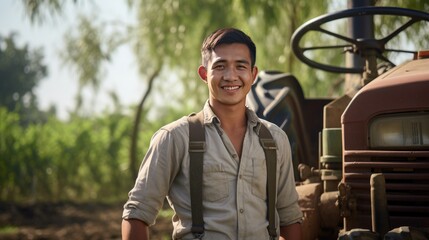 Asian young male farmer standing next to the tractor (1)