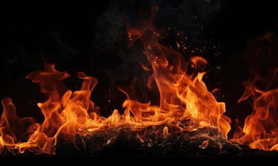Fire flames isolated on black background. Abstract blaze fire flame texture background.