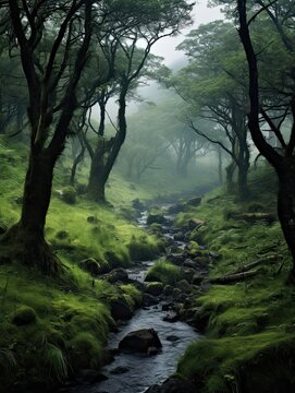 Misty Scottish Moors: Lush Green Rainforest Landscape