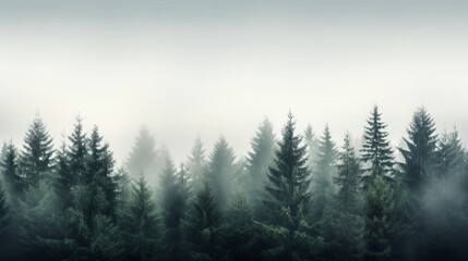A misty pine forest on a foggy morning capturing the mysterious and minimalist ambiance of woodland in atmospheric conditions  AI generated - obrazy, fototapety, plakaty