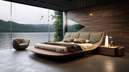 Papier Peint photo Lavable Chocolat brun A modern bedroom with a floating bed design  AI generated