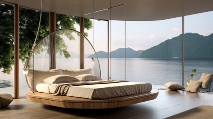 A modern bedroom with a floating bed design  AI generated