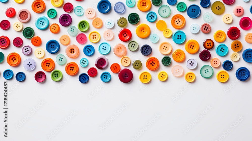 Poster a neatly arranged flat lay of colorful buttons on a white canvas ai generated