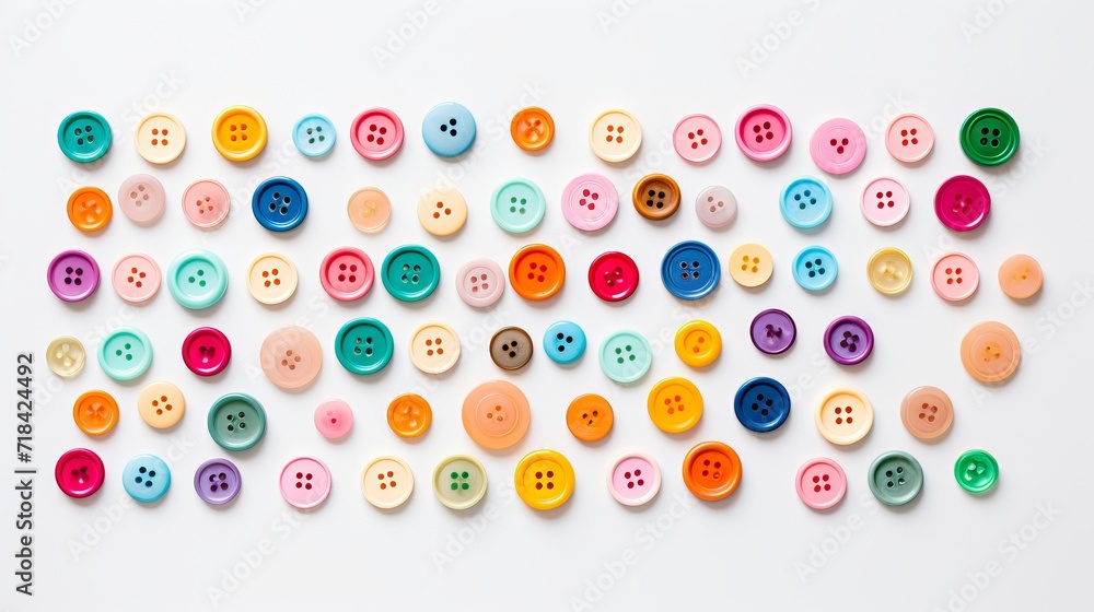 Poster a neatly arranged flat lay of colorful buttons on a white canvas ai generated