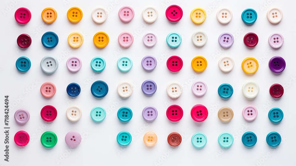 Poster a neatly arranged flat lay of colorful buttons on a white canvas ai generated