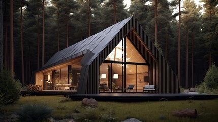 A modern small barnhouse with a Scandinavian design influence nestled in a thick forest  AI generated