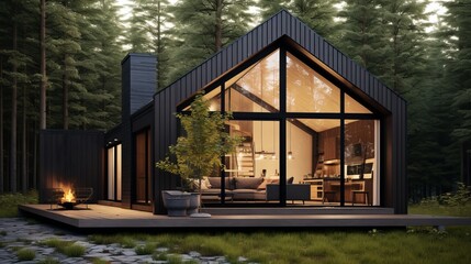 Fototapeta premium A modern small barnhouse with a Scandinavian design influence nestled in a thick forest AI generated
