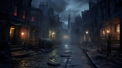 A moody evening in Victorian London lit by gas lights AI generated - obrazy, fototapety, plakaty