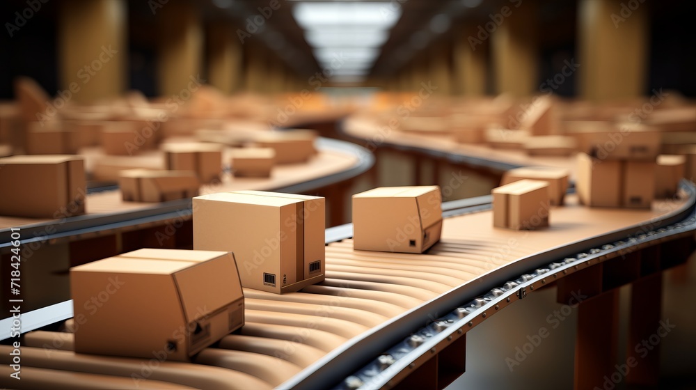Poster a perspective view of different shapes of cardboard boxes moving on a conveyor belt ai generated