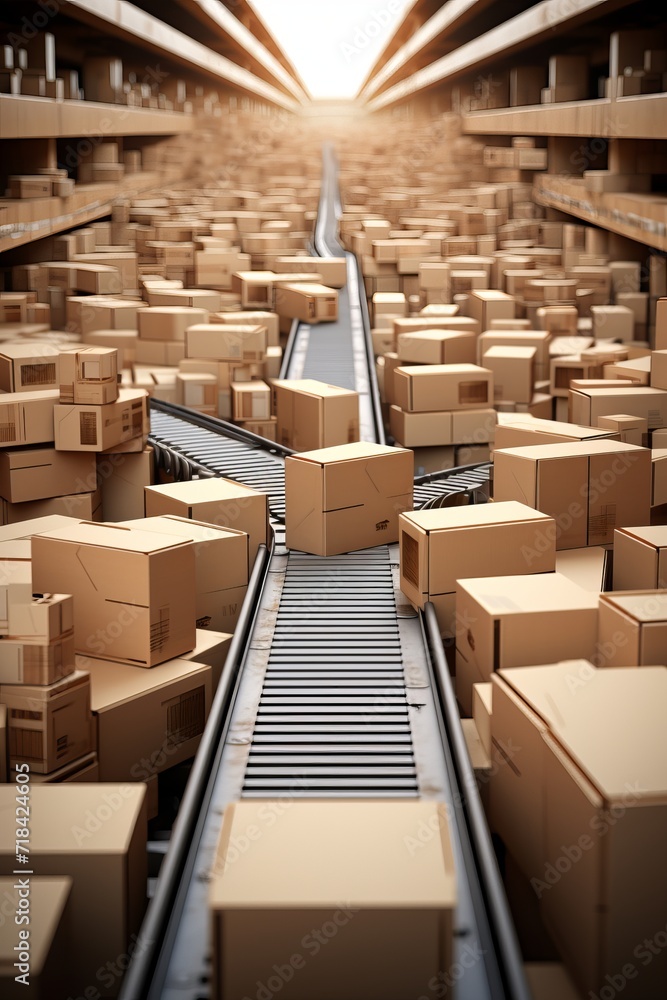 Aufkleber a perspective view of different shapes of cardboard boxes moving on a conveyor belt ai generated