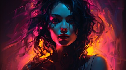 A portrait of a woman lit by neon hues  AI generated