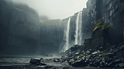 A powerful waterfall cascading down rocky cliffs showcasing the raw beauty of nature in a minimalist and dramatic composition  AI generated - obrazy, fototapety, plakaty