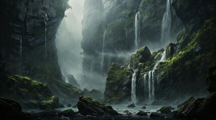 A powerful waterfall cascading down rocky cliffs showcasing the raw beauty of nature in a minimalist and dramatic composition  AI generated - obrazy, fototapety, plakaty