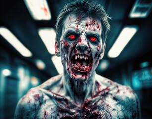 Undead infected zombie man with evil red eyes and horrific broken teeth walking through hospital with blood stains and skin lacerations
