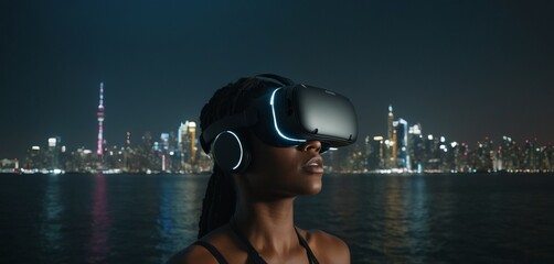 African American woman in a virtual reality headset against the backdrop of night city skyscrapers. The concept of travel, businesswoman, technology, future and imagination.