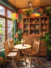 Fototapeta na wymiar Quaint Teashop Interiors: Tropical Vibe Art, Island Bliss