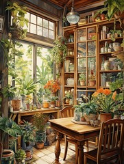 Quaint Teashop Interiors Nature Artwork: Botanical Teashop Artistry in Serene Surroundings