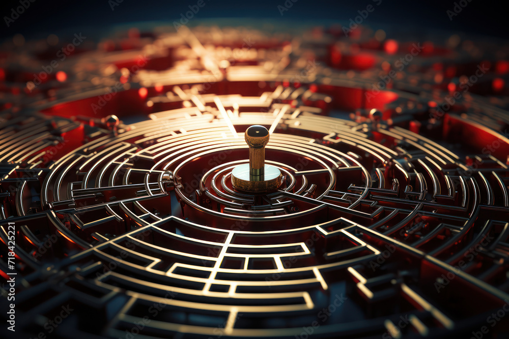 Poster a vector graphic illustrating a maze with a key at its center, representing the intricate journey an