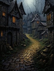 Enchanting Rainy Cobblestone Countryside: Drenched Village Roads Art