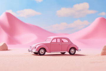 pink toy car on the edge of a pink desert background. 3d render. - obrazy, fototapety, plakaty