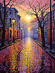 Fototapeta premium Dawn Painting: Rainy Cobblestone Streets - Sunlit Rain-Slicked Stroll