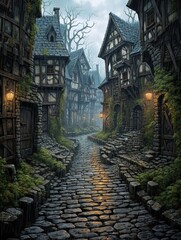 Obraz premium Rainy Cobblestone Streets: Drenched Countryside Art of Village Roads