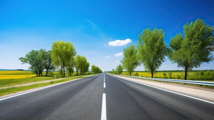 Fototapeta premium highway in the grassland background of blue sky and bright clouds, long road stretches into the distance. empty street on a beautiful sunny day