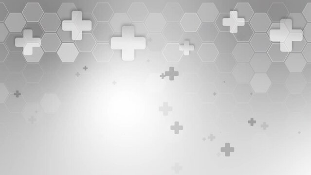 Healthcare medical grey background with hexagons pattern and crosses. Loop animation for health care and medicine design. Copy space.