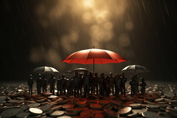 An abstract vector image of a currency umbrella sheltering individuals from economic downturns,...