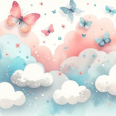 Whimsical Watercolor Sky with Butterflies, Dreamy Artwork