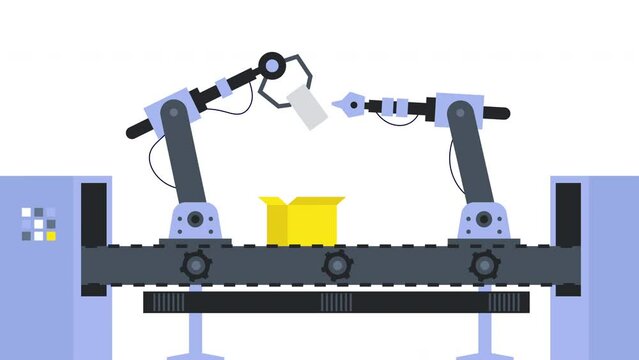 2d animated loop of factory area. Conveyor belt, robot hands and parcel background scene. 4K animation.