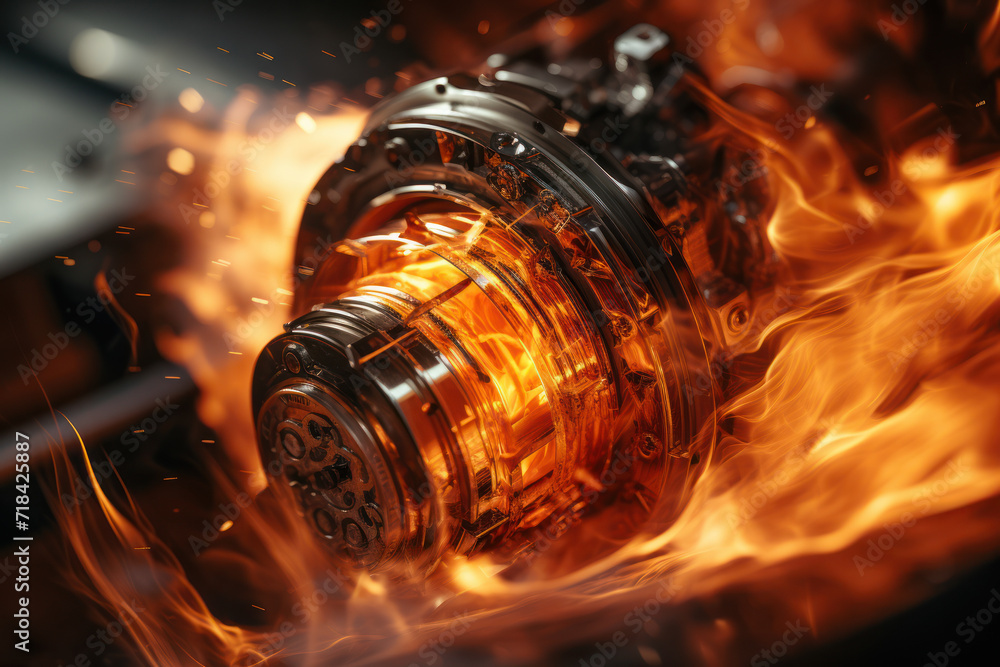 Poster a macro photograph of a spark igniting fuel, capturing the moment of combustion and the release of e