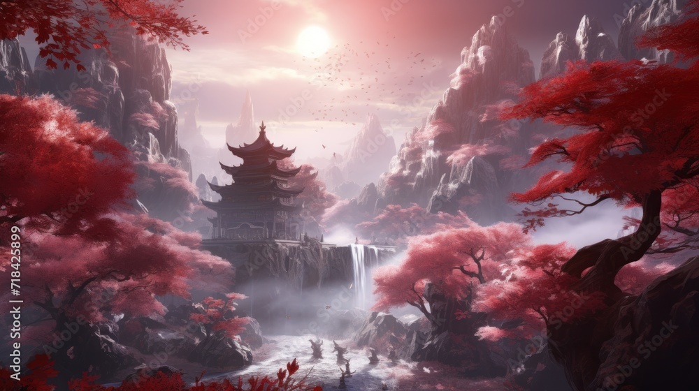 Poster a digital painting of a landscape with a waterfall and a pagoda in the middle of the forest with red