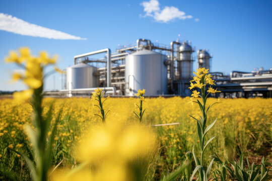 A biofuel plant with fields of crops in the background, highlighting the sustainable and agricultural aspects of bioenergy production. Generative Ai.