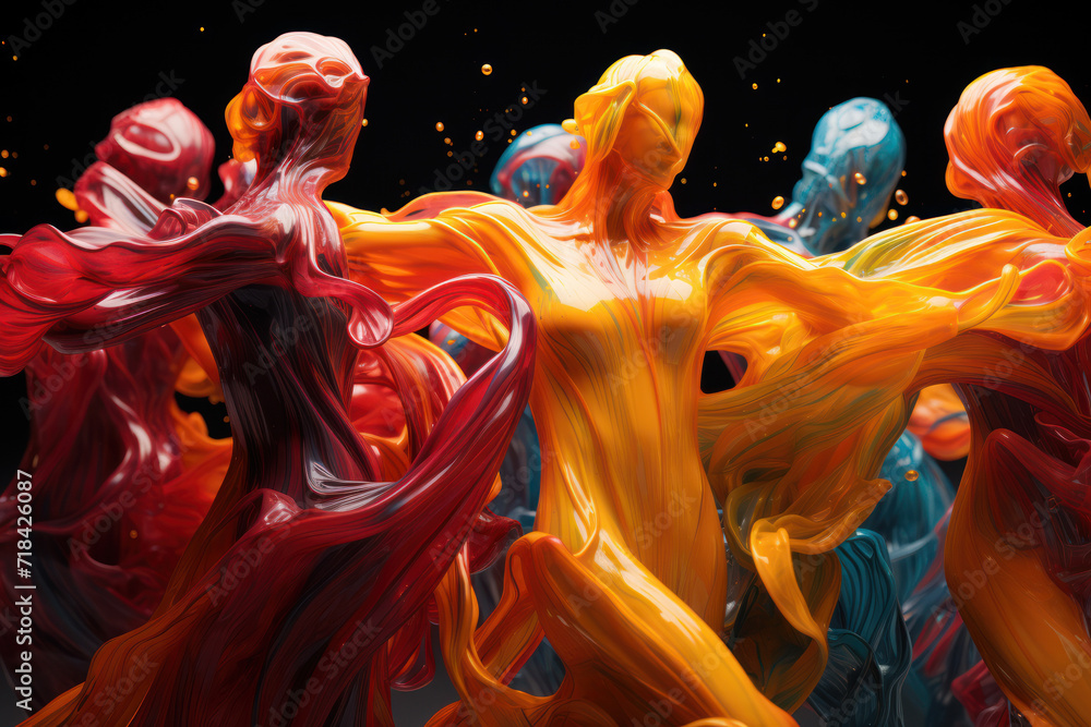 Poster a group of abstract figures, their forms merging in a dance of vibrant colors, symbolizing the inter
