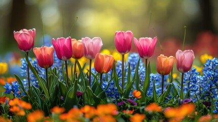 Capture the essence of spring with an image featuring blooming flowers and vibrant colors.