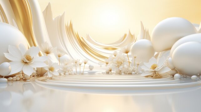  a white and gold background with white flowers and large white balls on the bottom of the image and a golden background with white flowers and large white balls on the bottom of the.