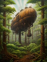Steampunk Airship Adventures: Enchanted Forest Wall Art - Airship Amidst Majestic Trees