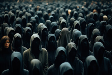 Fototapeta premium Digital pixels come together to depict a faceless crowd, emphasizing the role of technology and interconnectedness in shaping contemporary social dynamics. Generative Ai.