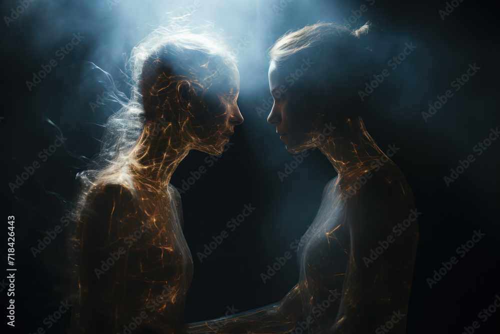 Poster ethereal figures made of light and shadow intertwine, capturing the intangible threads that connect 