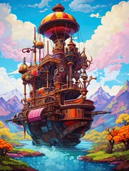 Vibrant Steampunk Airship Adventures: Exploring a Bright and Colorful Landscape