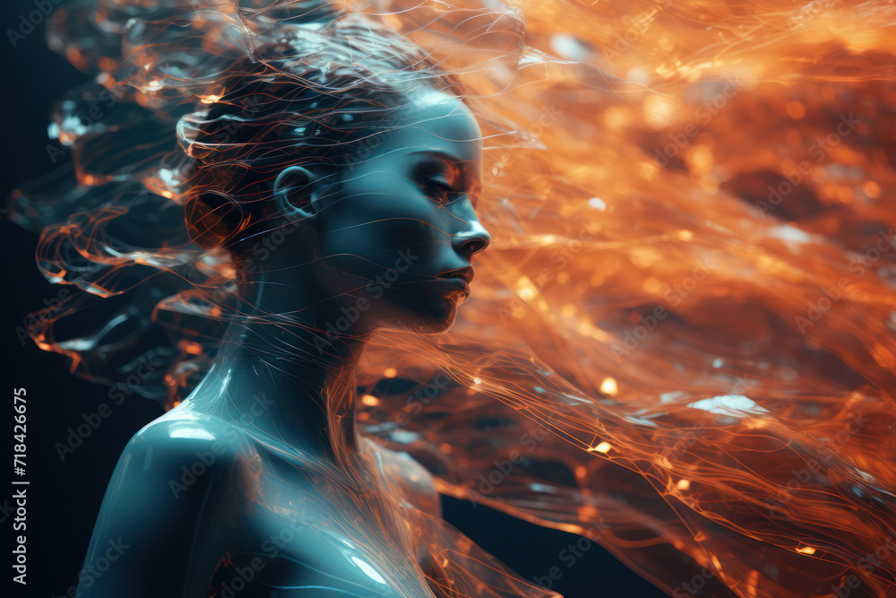 Poster digital lines and curves merge to form an abstract human figure, representing the fusion of technolo