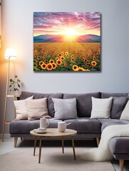 Sunflower Fields at Dawn Canvas Print - Morning Landscape with Golden Sunflowers