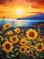 Obraz premium Sunflower Delights: Dawn Seascape with Blooming Fields
