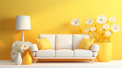  a living room with yellow walls and a white couch with yellow pillows and yellow vases with yellow and white flowers.