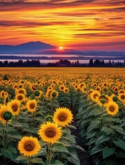 Obraz premium Scenic Sunflower Fields at Dawn: Panoramic Vista Wall Art - Captivating Views of Vibrant Sunflowers