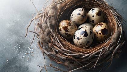 Obraz premium Quail Eggs in Nest on Textured Background, Springtime Concept