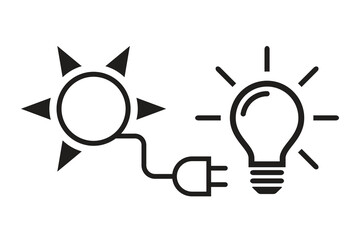 Solar energy symbol with light bulb icon, black isolated on white background, vector illustration.